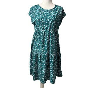 Emery Rose Teal Green Cottagecore Floral Midi Bohemian Dress W/ Short Sleeves M